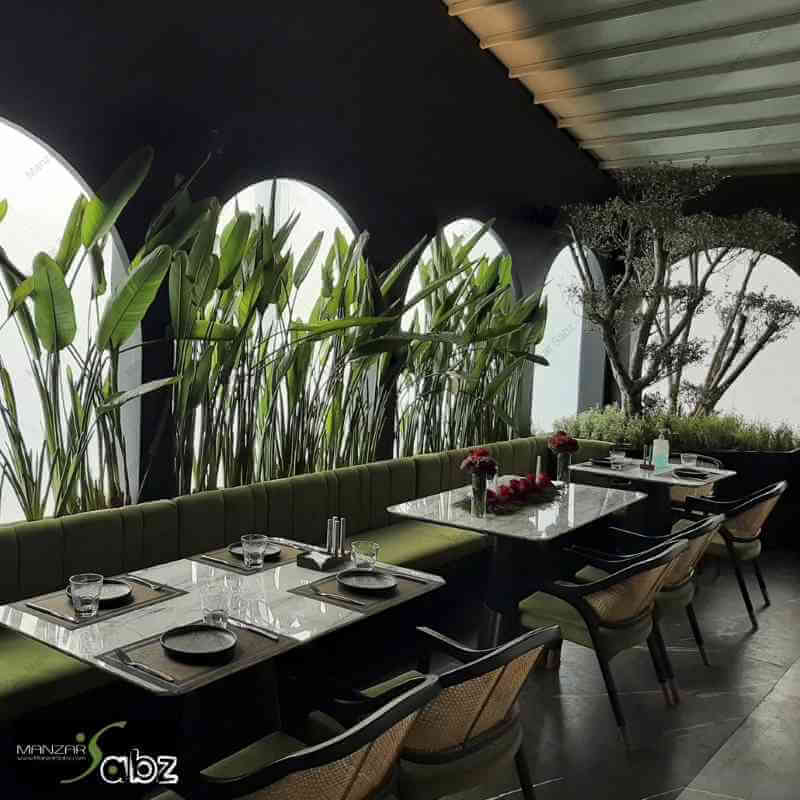 عکسی از پروژه دکوراسیون داخلی سبز رستوران سنسو در نمایش نمای داخل رستوران