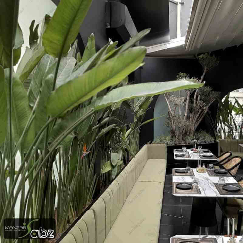 عکسی از پروژه دکوراسیون داخلی سبز رستوران سنسو دارای نمایی از یک گیاه در داخل رستوران است